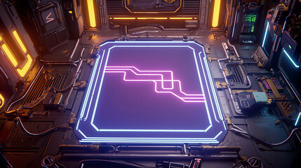 Obraz premium Futuristic tech interface display virtual lab digital art neon environment aerial view innovation concept