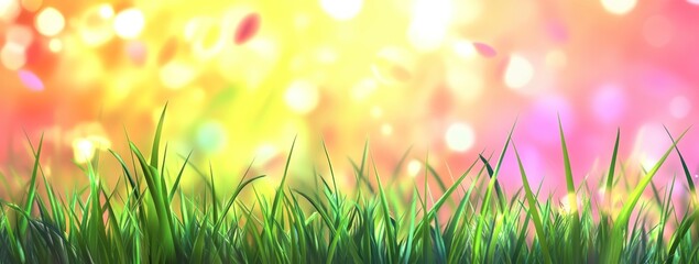 Obraz premium Vibrant green grass against a colorful bokeh background.
