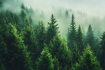 Misty forest canopy. Lush green trees.  Dense forest
