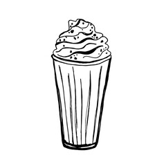 Sweet milkshake hand drawn vector illustration. Black and white beverage in glass goblet sketch isolated.