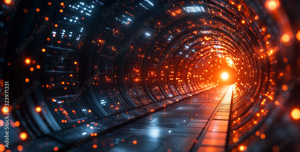Fototapete A futuristic tunnel characterized by glowing lights and intricate patterns illustrates concepts of quantum computing.