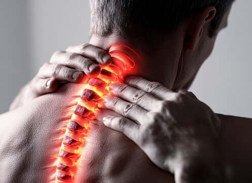 Man suffering from severe neck pain with highlighted spine, illustrating the impact of back pain on daily life