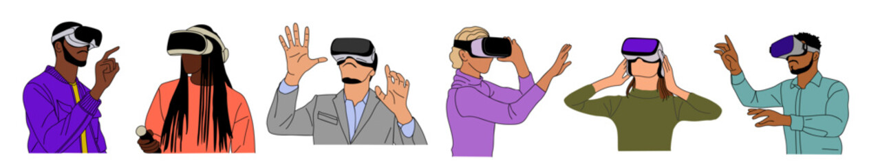 Set of diverse people in virtual reality headset. Different Men and women wearing digital glasses travel in metaverse. Modern technologies. Flat Vector illustrations isolated 