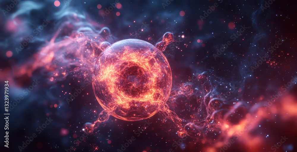 Leinwandbilder A stunning representation of quantum mechanics showcasing a qubit in superposition with glowing particles reflecting entanglement.