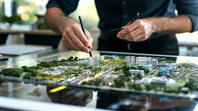 A designer creates a visionary city layout on a drafting table, mapping out neighborhoods, transportation routes, and key infrastructure. The scene emphasizes real estate developme