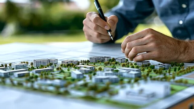 A professional architect draws an imaginary town on a large urban map, meticulously designing building structures, road networks, and green parks. The scene highlights city zoning