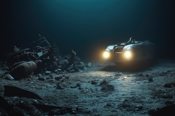 Exploring a submerged vehicle in deep water at an underwater wreck site