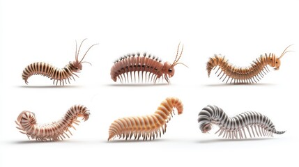 Six Colorful Millipedes on White Background Detailed Macro Photography