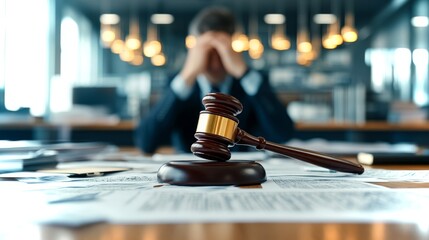 A gavel rests on scattered documents in a courtroom