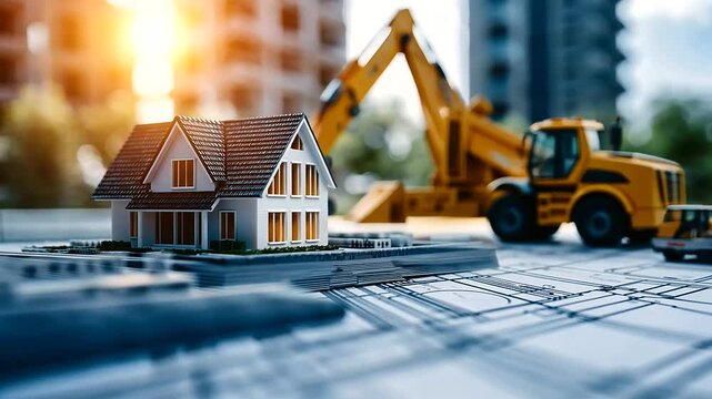 Close-up of a house model positioned on an urban planning blueprint, with construction machinery and undeveloped plots in the background. The illustration represents housing expans