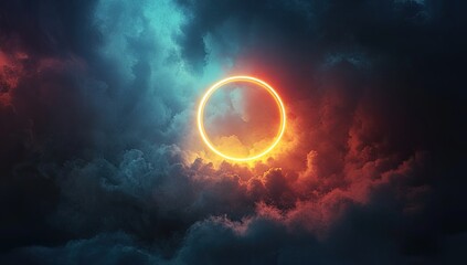 Fiery, luminous circle within stormy clouds