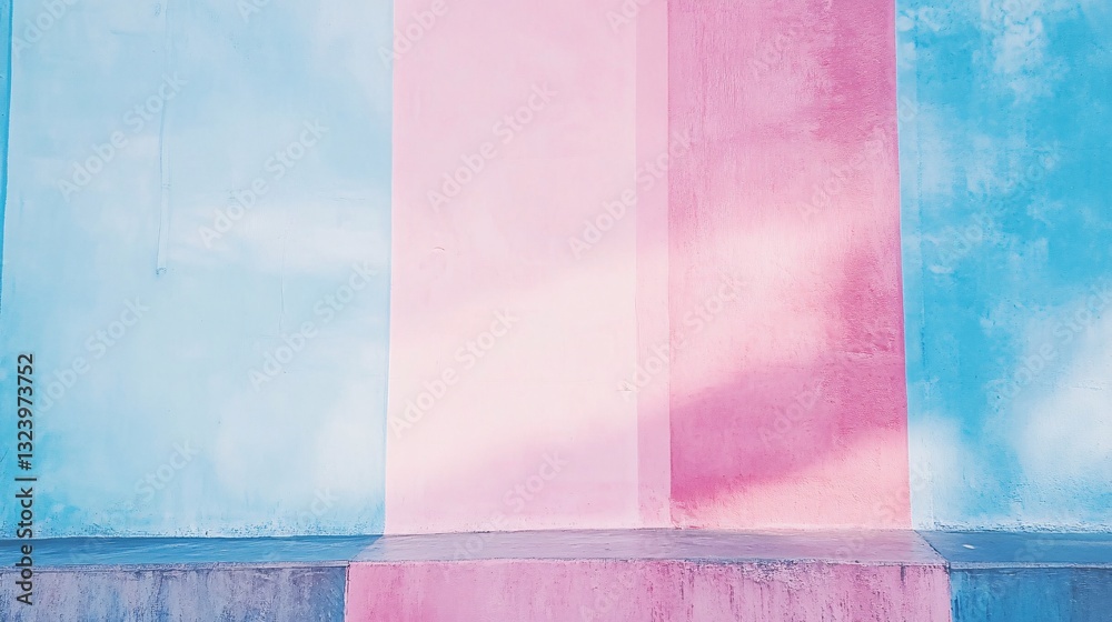 Poster pastel colored wall creating geometric composition with concrete curb