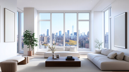 bright, modern living room with floor-to-ceiling windows offering a panoramic city view. minimalist design featuring neutral tones and clean lines.