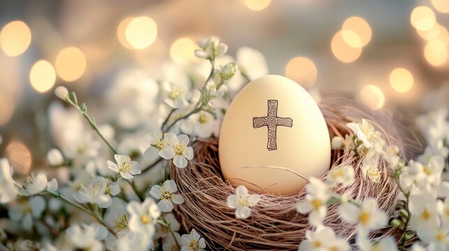 Decorated Easter Egg with Cross in Nest Surrounded by White Blossoms