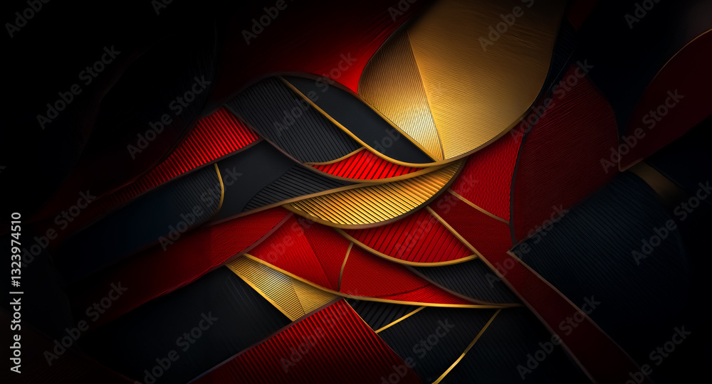 Poster abstract background with layered shapes in red, gold, and black hues, creating a visually striking a