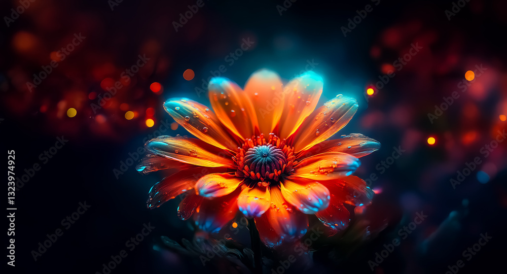 Aufkleber a radiant orange flower with glowing blue edges, illuminated against a dark backdrop with soft bokeh