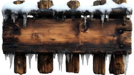 Rustic Wooden Sign with Icicles and Snow Winter Background