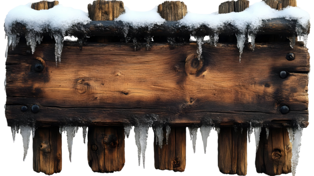 Rustic Wooden Sign with Icicles and Snow Winter Background