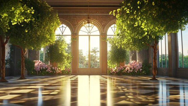 Enchanting grand ballroom with natural light, luxurious decor, and lush indoor garden setting