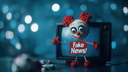 A puppet manipulated by strings in a vintage TV screen, labeled "Fake News," illustrating media manipulation.