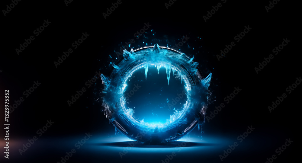 Poster A glowing blue circular portal with spiky edges emits bright light against a dark backdrop, creating a futuristic and mysterious atmosphere.