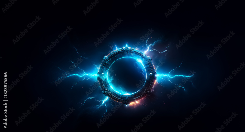 Aufkleber A metallic ring emits vibrant blue electric sparks against a dark backdrop, creating a dynamic and energetic visual effect. The circular object appears futuristic and powerful.