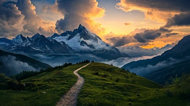 a long narrow passage on green grass hill with far sight snowcapped mountain under gold hour sunset sky, dreamy tranquil scenery 
