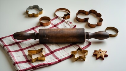 Baking tools arranged on a kitchen countertop with rolling pin and cookie cutters in creative layout