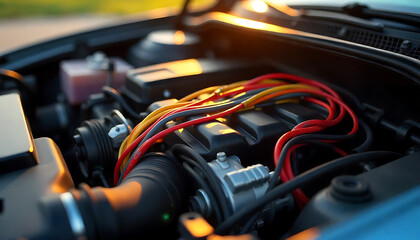 Obraz premium Colorful Wiring Harnesses in a Modern Car Engine, Connectivity & Efficiency, Car Repairing Service, created with generative ai