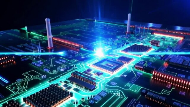 Futuristic Computer Circuit Board with Neon Lights and Laser Effects