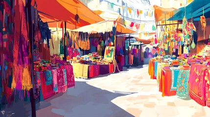 A Vibrant Market Scene: Traditional Crafts Stalls Displaying Handmade Jewelry, Textiles, and Decorative Items That Attract Visitors