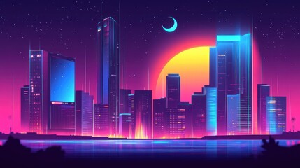 Vibrant futuristic city skyline illuminated beneath a celestial sunset