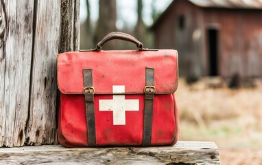 Vintage Red Medic Bag with Faded White Cross - Historical Symbol