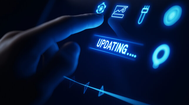 Finger tippt auf einen blau leuchtenden "UPDATING..." Button in einem digitalen Fahrzeug-Cockpit bei Nacht