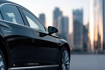 Naklejka premium A sleek black car is parked in a city area, showcasing its shiny exterior. The skyline features modern buildings bathed in the warm glow of sunset, creating a vibrant atmosphere