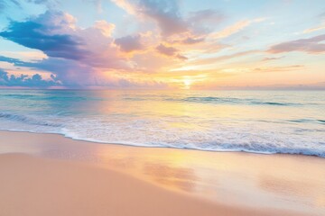 Serene beach sunset, tranquil waves, soft golden hues