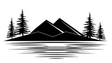 Black silhouette of mountains and fir trees camping adventure wildlife landscape panorama illustration icon vector for logo, isolated on white background.
