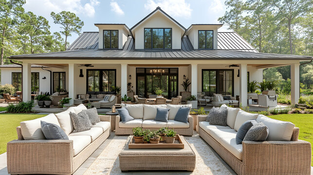 Modern farmhouse exterior with patio seating
