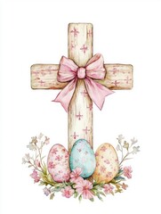 Easter Cross with Eggs Bow and Flowers Watercolor Illustration