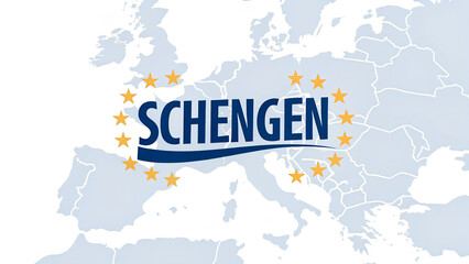 Obraz premium Schengen Area logo on a light map background, showcasing European collaboration and unity