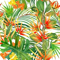 tropical leaf and many flowers seamles pattern