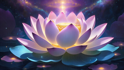 Radiant Zen Lotus flower glowing with ethereal light, floating on tranquil water, symbolizing purity, strength, resilience, and rebirth.