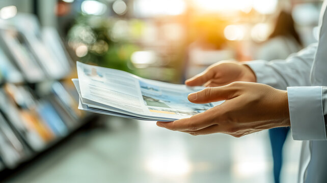 Person inspecting informational brochures in a brightly lit office, likely to learn, prepare, or advertise services.