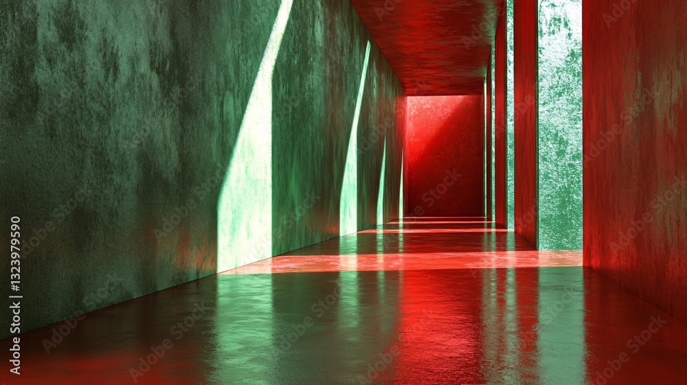 Poster light beams illuminating long corridor with green and red walls