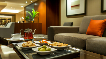 Fototapeta premium Tea service with cookies, olives, and fruit on a table near a sofa, perfect for a relaxing and elegant afternoon break.
