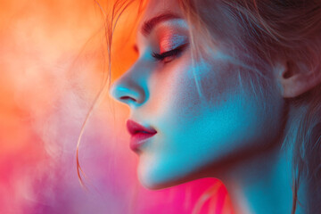 Fototapeta premium A striking close-up of a woman’s side profile bathed in neon blue and pink light against a colorful abstract background 