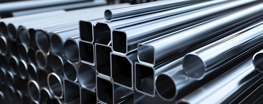 Stack of rolled metal products, steel pipes and square metal tubes