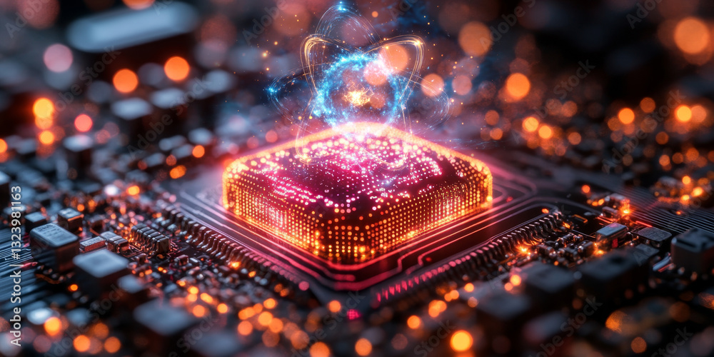 Leinwandbilder A central processor with glowing components highlights advancements in quantum computing. The design illustrates concepts like superposition, entanglement, and optimization through visual effects.