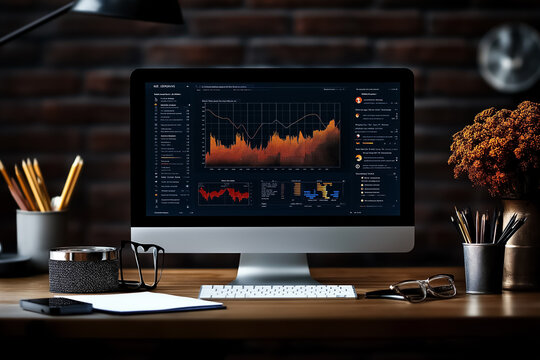 A sleek computer displays vibrant data analytics, surrounded by cozy elements like plants and stationery, creating a perfect blend of technology and comfort in a warm, inviting atmosphere - Powered by Adobe