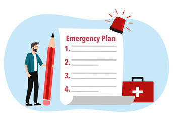 Business emergency plan concept, checklist to do in disaster, continue business and build resilience concept, smart businessman leader holding pencil with emergency plan paper flashing siren.
